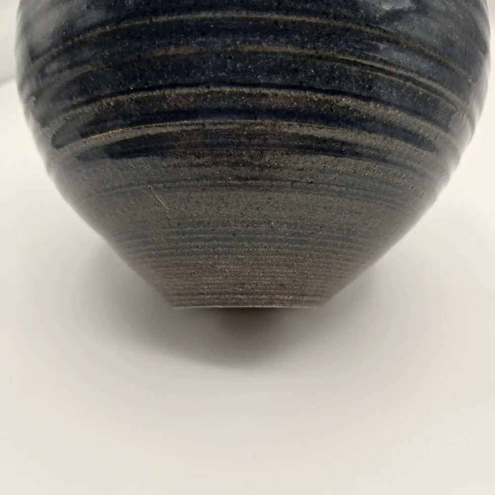 Blue Handmade Hand Thrown Ribbed Carved Rounded Pottery Vase Glazed Signed